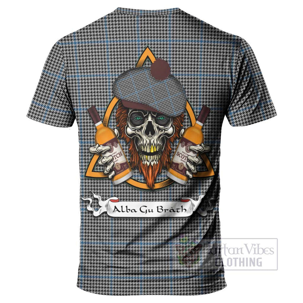 Tartan Vibes Clothing Gladstone (Gladstanes) Tartan T-Shirt with Family Crest and Bearded Skull Holding Bottles of Whiskey