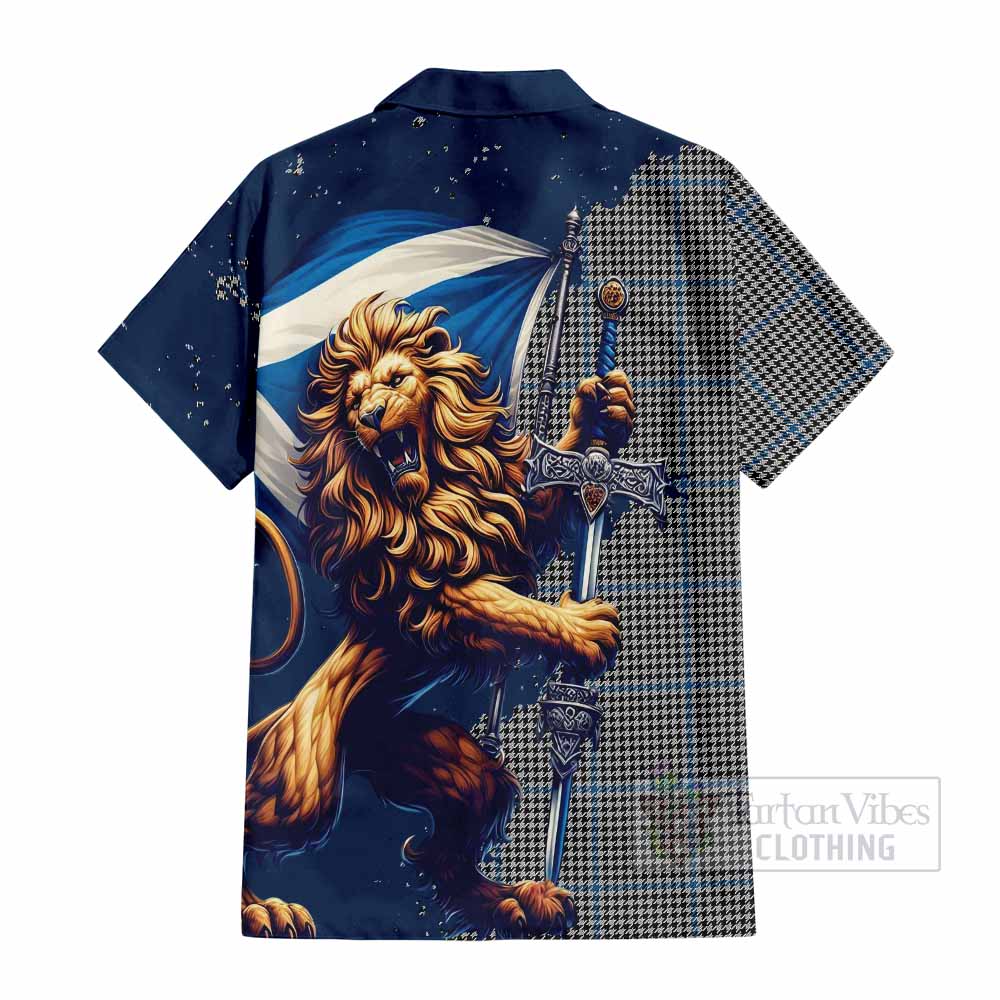 Tartan Vibes Clothing Gladstone (Gladstanes) Tartan Family Crest Short Sleeve Button Shirt with Scottish Majestic Lion