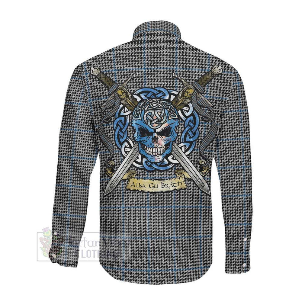 Tartan Vibes Clothing Gladstone (Gladstanes) Tartan Long Sleeve Button Shirt with Family Crest Celtic Skull Style