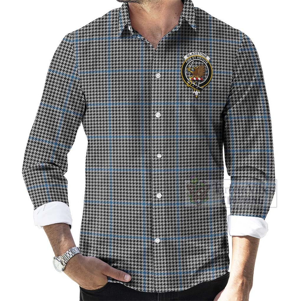 Tartan Vibes Clothing Gladstone (Gladstanes) Tartan Long Sleeve Button Shirt with Family Crest Celtic Skull Style