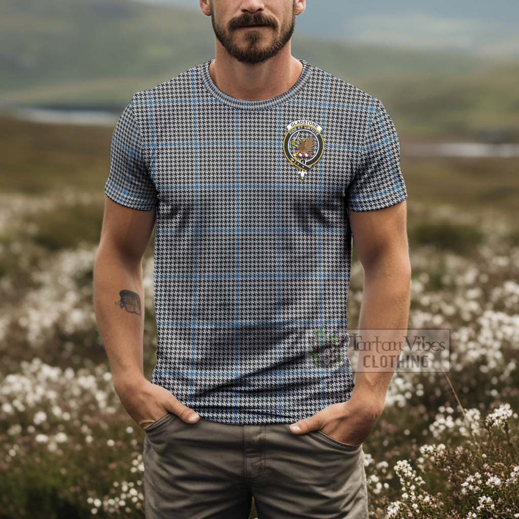 Tartan Vibes Clothing Gladstone (Gladstanes) Tartan T-Shirt with Family Crest and Bearded Skull Holding Bottles of Whiskey