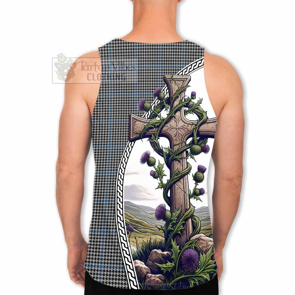 Tartan Vibes Clothing Gladstone (Gladstanes) Tartan Men's Tank Top with Family Crest and St. Andrew's Cross Accented by Thistle Vines