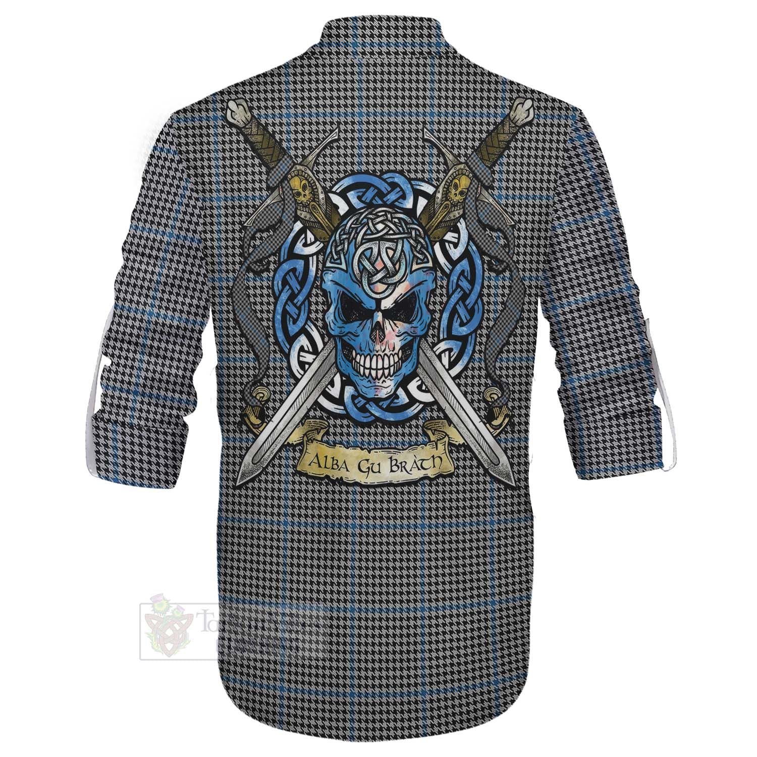 Tartan Vibes Clothing Gladstone (Gladstanes) Tartan Ghillie Kilt Shirt with Family Crest Celtic Skull Style