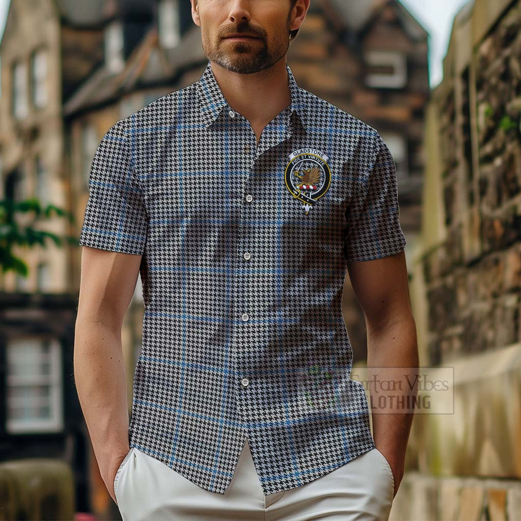 Tartan Vibes Clothing Gladstone (Gladstanes) Tartan Short Sleeve Button Shirt with Family Crest Celtic Skull Style