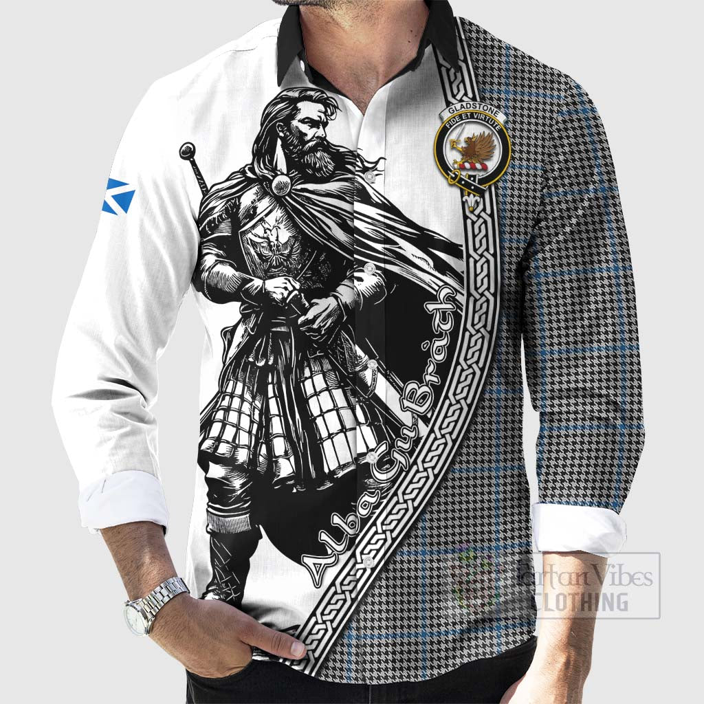 Tartan Vibes Clothing Gladstone (Gladstanes) Tartan Clan Crest Long Sleeve Button Shirt with Highlander Warrior Celtic Style