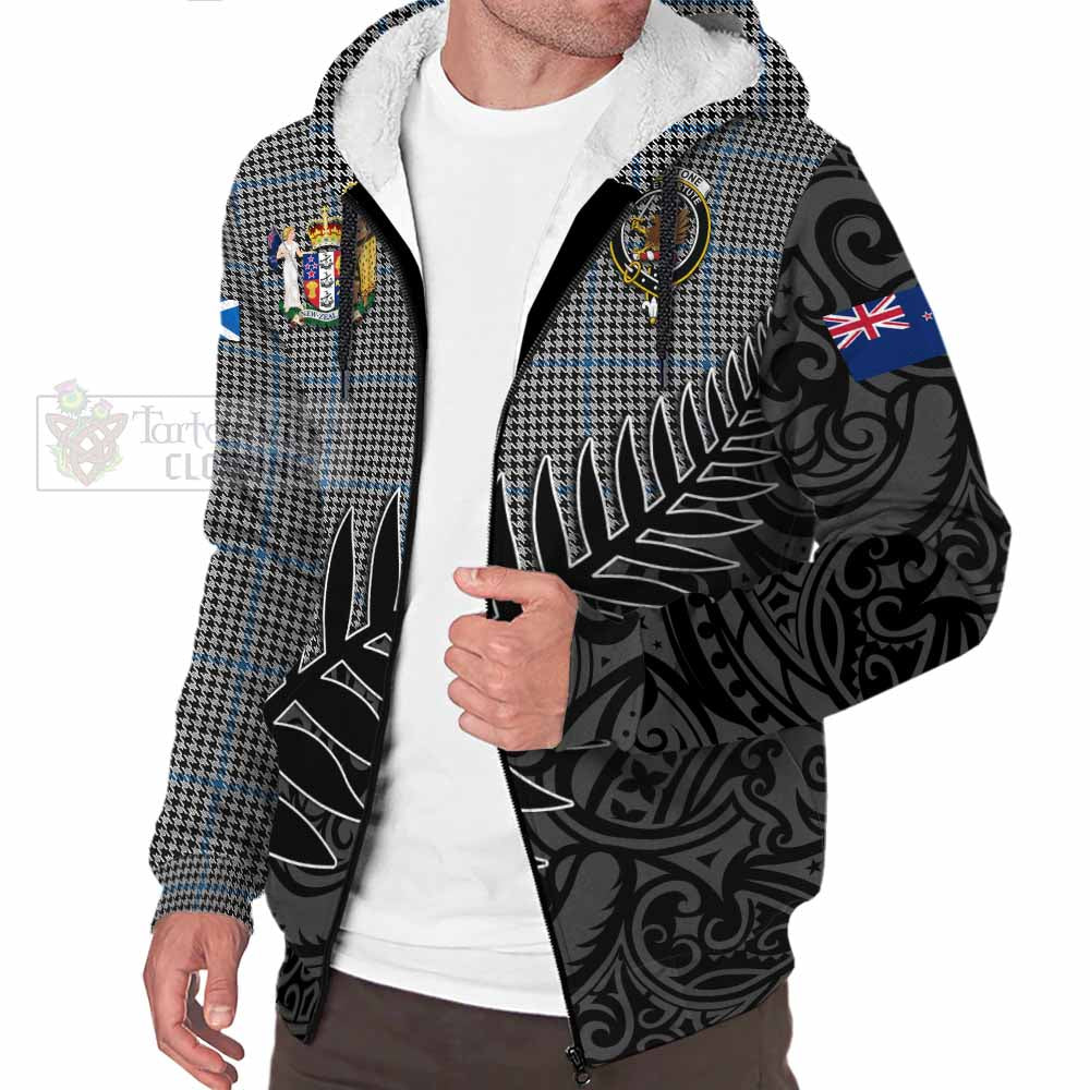 Tartan Vibes Clothing Gladstone (Gladstanes) Crest Tartan Sherpa Hoodie with New Zealand Silver Fern Half Style