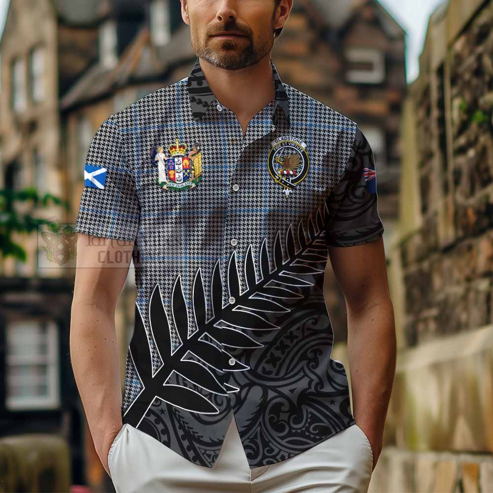 Tartan Vibes Clothing Gladstone (Gladstanes) Crest Tartan Short Sleeve Button Shirt with New Zealand Silver Fern Half Style