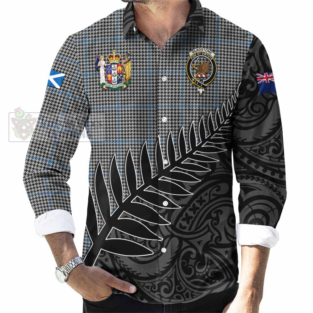 Tartan Vibes Clothing Gladstone (Gladstanes) Crest Tartan Long Sleeve Button Shirt with New Zealand Silver Fern Half Style