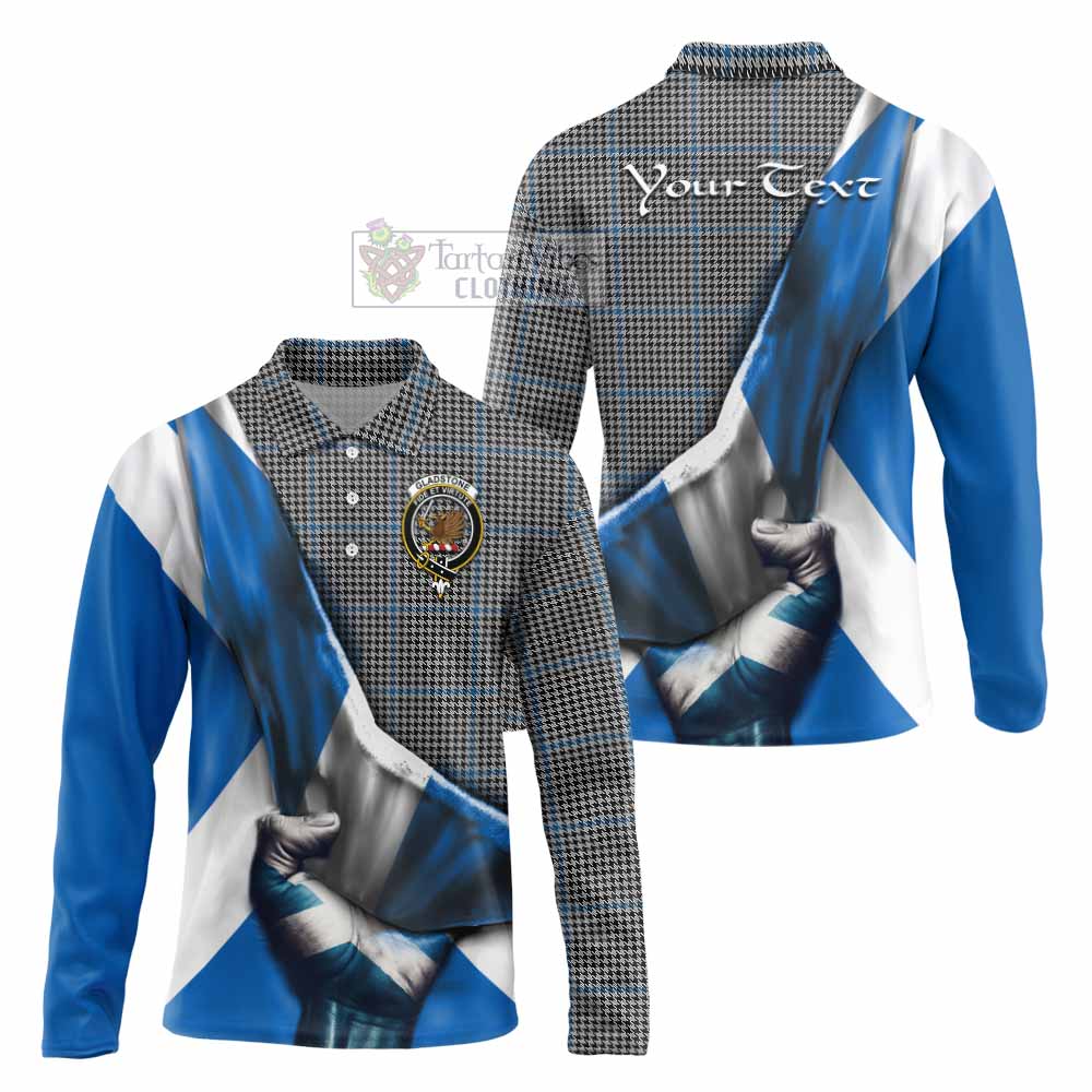 Tartan Vibes Clothing Gladstone (Gladstanes) Tartan Long Sleeve Polo Shirt with Family Crest Scotland Patriotic Style