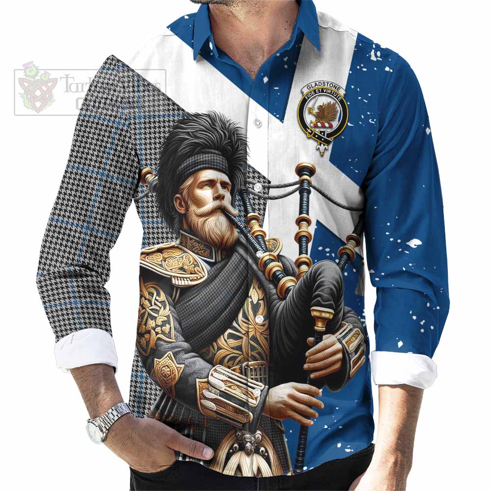 Tartan Vibes Clothing Gladstone (Gladstanes) Tartan Long Sleeve Button Shirt with Family Crest Scottish Bagpiper Vibes