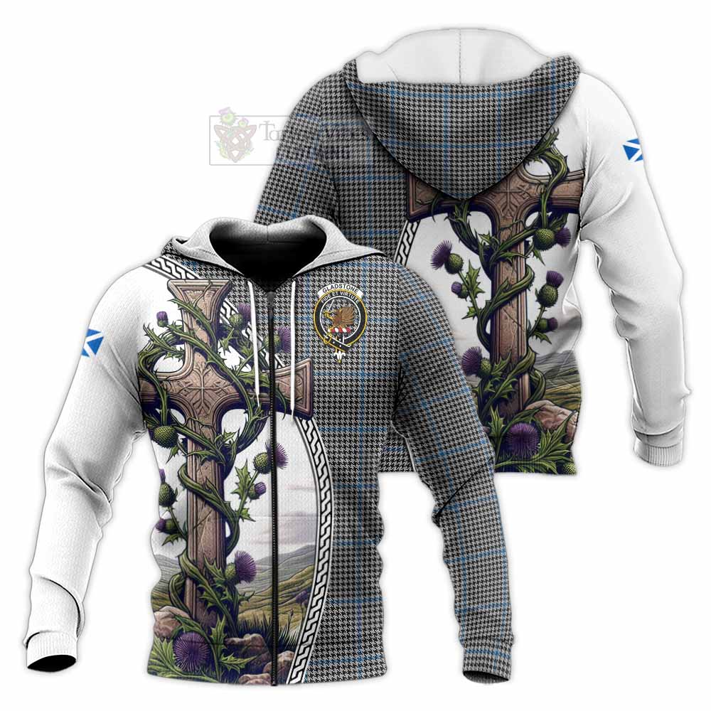 Tartan Vibes Clothing Gladstone (Gladstanes) Tartan Knitted Hoodie with Family Crest and St. Andrew's Cross Accented by Thistle Vines