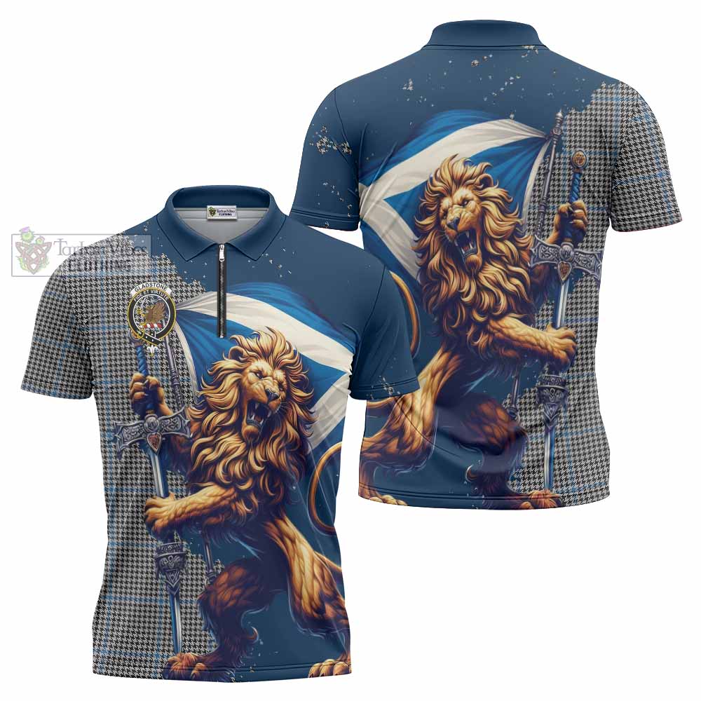 Tartan Vibes Clothing Gladstone (Gladstanes) Tartan Family Crest Zipper Polo Shirt with Scottish Majestic Lion