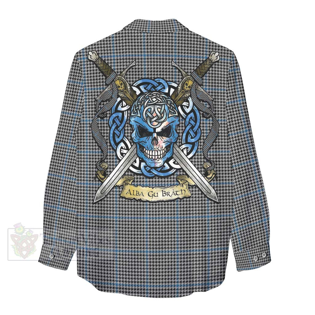 Tartan Vibes Clothing Gladstone (Gladstanes) Tartan Women's Casual Shirt with Family Crest Celtic Skull Style