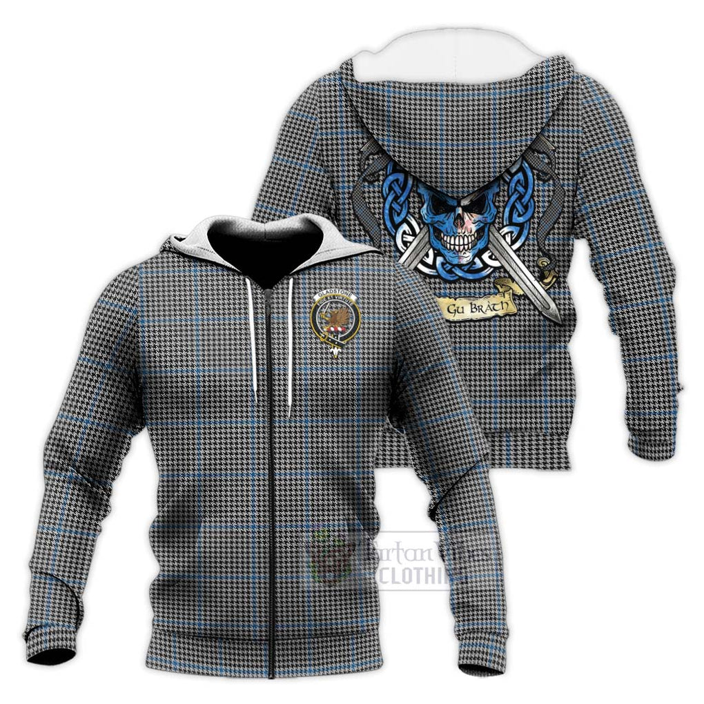 Tartan Vibes Clothing Gladstone (Gladstanes) Tartan Knitted Hoodie with Family Crest Celtic Skull Style