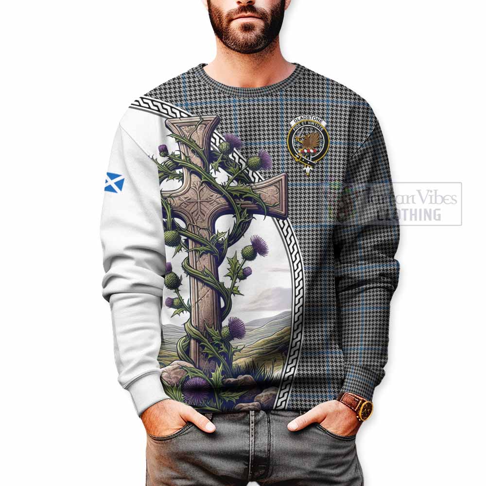 Tartan Vibes Clothing Gladstone (Gladstanes) Tartan Sweatshirt with Family Crest and St. Andrew's Cross Accented by Thistle Vines