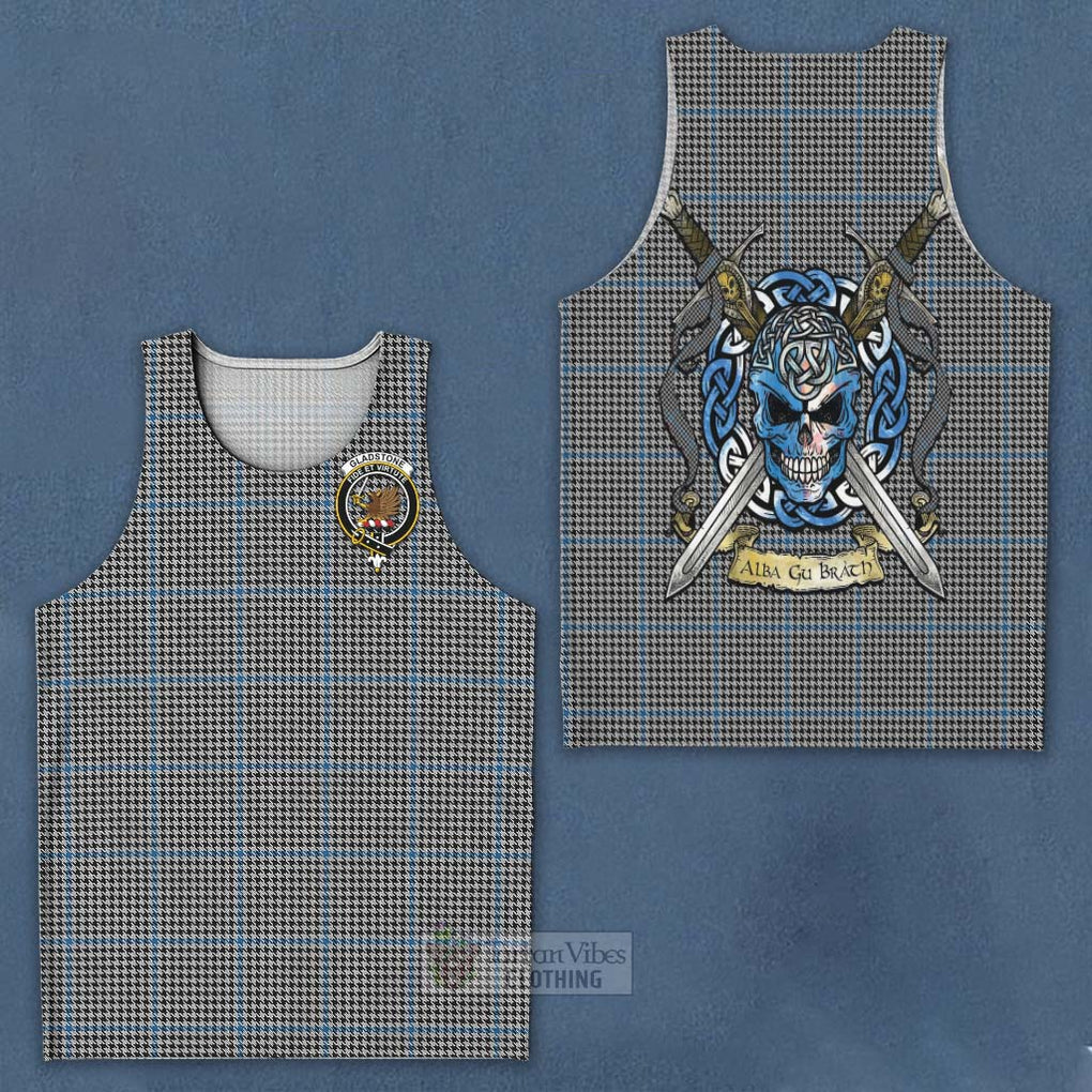 Tartan Vibes Clothing Gladstone (Gladstanes) Tartan Men's Tank Top with Family Crest Celtic Skull Style