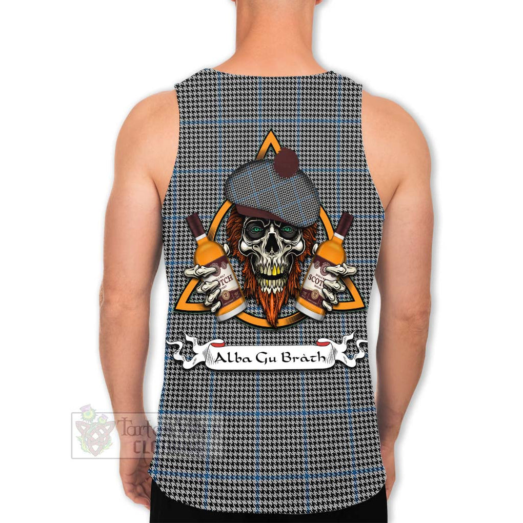 Tartan Vibes Clothing Gladstone (Gladstanes) Tartan Men's Tank Top with Family Crest and Bearded Skull Holding Bottles of Whiskey