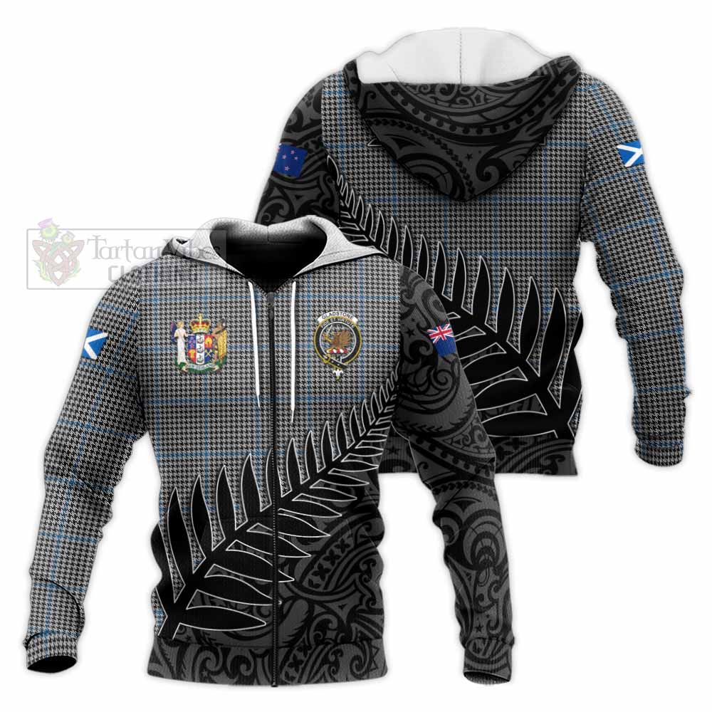 Tartan Vibes Clothing Gladstone (Gladstanes) Crest Tartan Knitted Hoodie with New Zealand Silver Fern Half Style