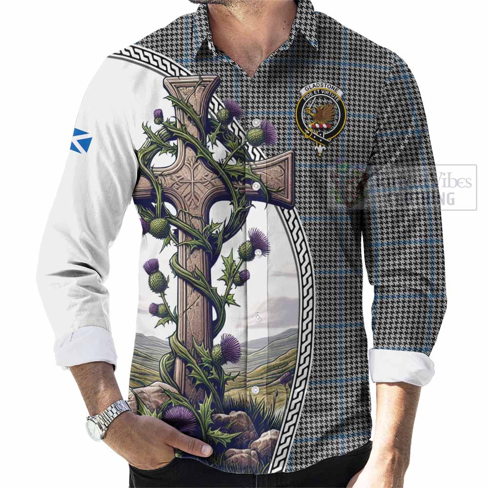 Tartan Vibes Clothing Gladstone (Gladstanes) Tartan Long Sleeve Button Shirt with Family Crest and St. Andrew's Cross Accented by Thistle Vines