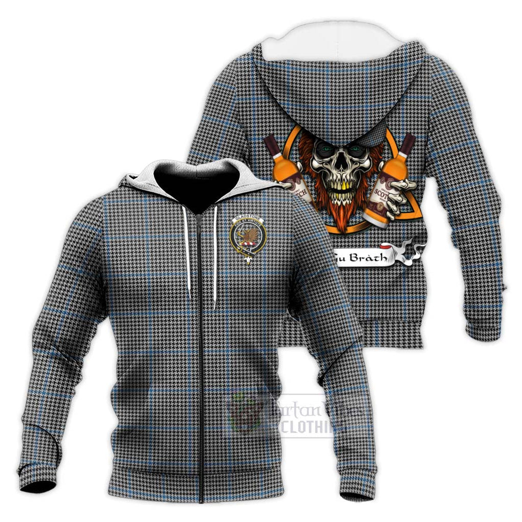 Tartan Vibes Clothing Gladstone (Gladstanes) Tartan Knitted Hoodie with Family Crest and Bearded Skull Holding Bottles of Whiskey