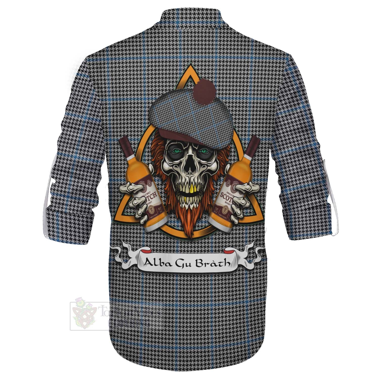 Tartan Vibes Clothing Gladstone (Gladstanes) Tartan Ghillie Kilt Shirt with Family Crest and Bearded Skull Holding Bottles of Whiskey