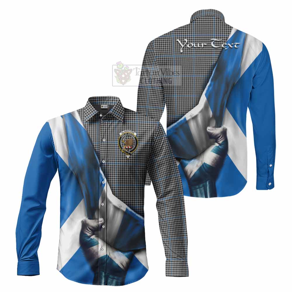 Tartan Vibes Clothing Gladstone (Gladstanes) Tartan Long Sleeve Button Shirt with Family Crest Scotland Patriotic Style