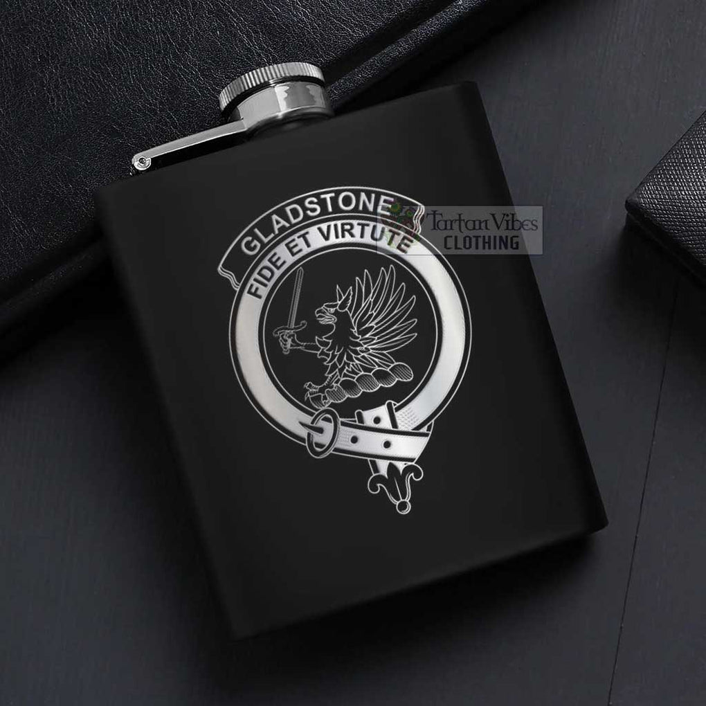 Tartan Vibes Clothing Gladstone (Gladstanes) Crest Hip Flask Set 7oz Black Stainless Steel with A Gift Box