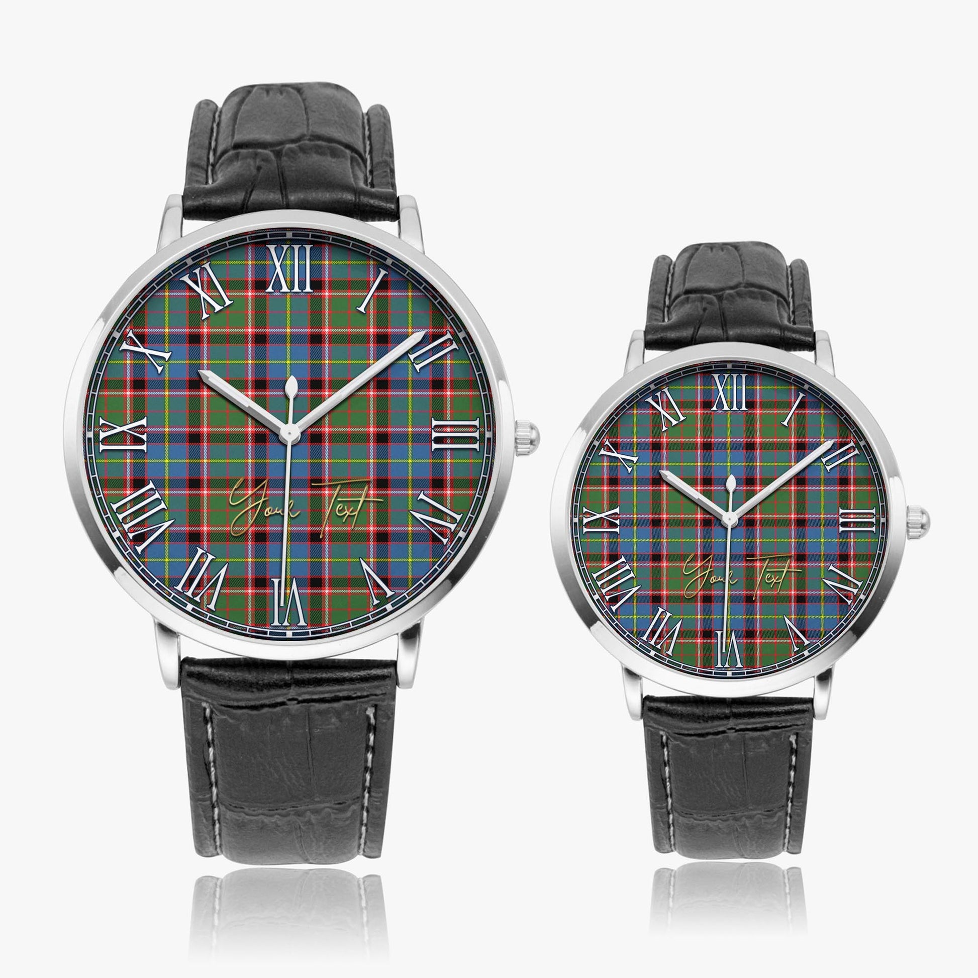 Glass Tartan Personalized Your Text Leather Trap Quartz Watch Ultra Thin Silver Case With Black Leather Strap - Tartanvibesclothing