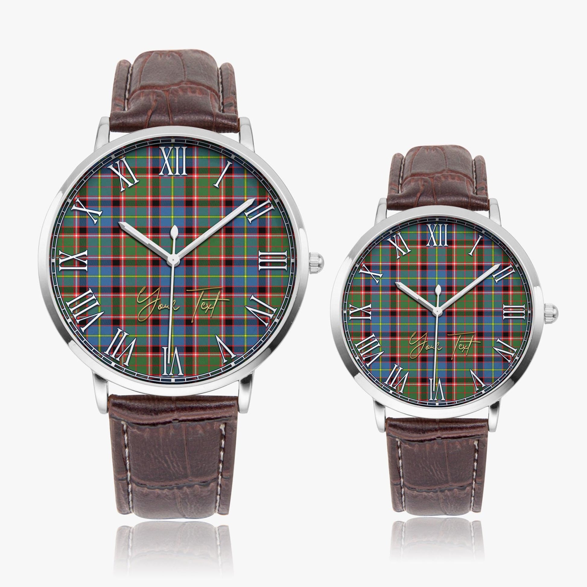 Glass Tartan Personalized Your Text Leather Trap Quartz Watch Ultra Thin Silver Case With Brown Leather Strap - Tartanvibesclothing