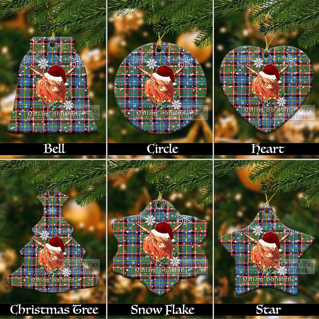 Tartan Vibes Clothing Glass Clan Tartan Ornament with Christmas Twinkle Highland Cattle