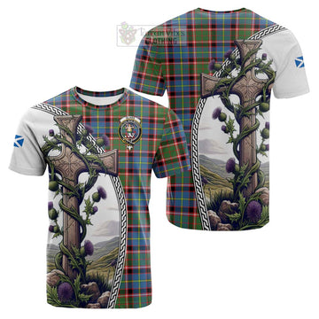 Glass Tartan Cotton T-shirt with Family Crest and St. Andrew's Cross Accented by Thistle Vines Kid's Shirt - Tartan Vibes Clothing
