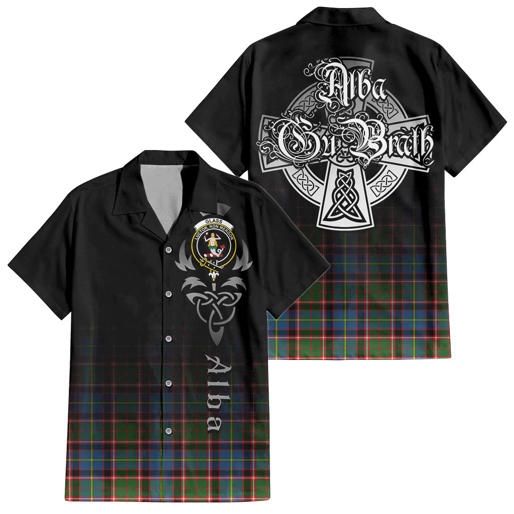 Tartan Vibes Clothing Glass Tartan Short Sleeve Button Up Featuring Alba Gu Brath Family Crest Celtic Inspired