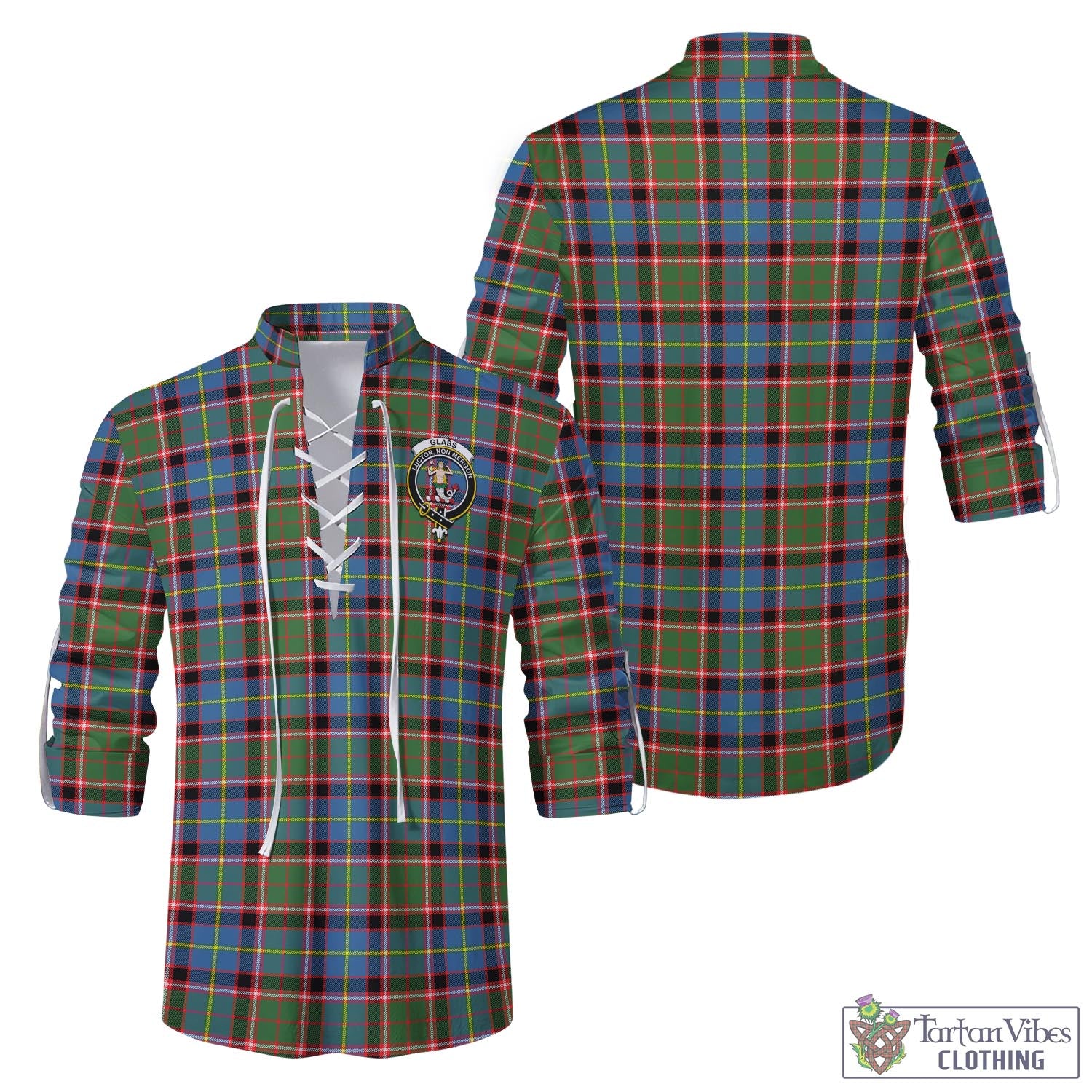 Tartan Vibes Clothing Glass Tartan Men's Scottish Traditional Jacobite Ghillie Kilt Shirt with Family Crest