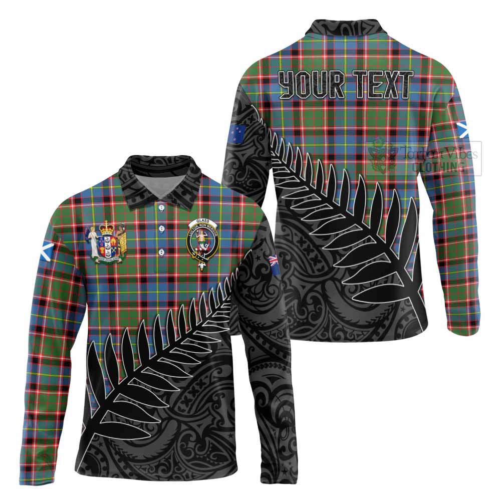 Tartan Vibes Clothing Glass Crest Tartan Long Sleeve Polo Shirt with New Zealand Silver Fern Half Style