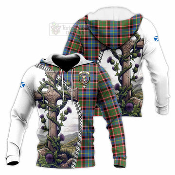 Glass Tartan Knitted Hoodie with Family Crest and St. Andrew's Cross Accented by Thistle Vines