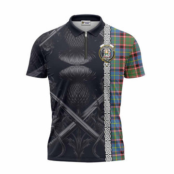 Glass Tartan Zipper Polo Shirt with Family Crest Cross Sword Thistle Celtic Vibes