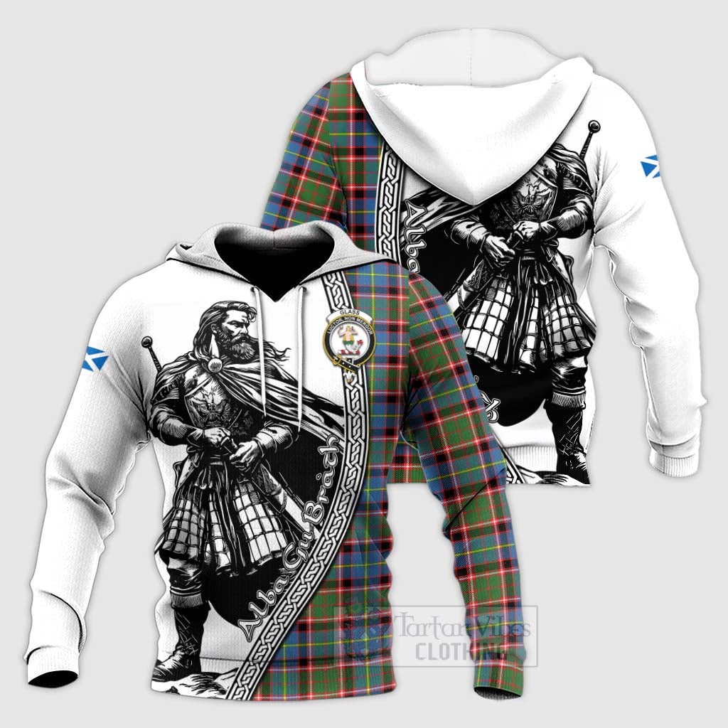 Tartan Vibes Clothing Glass Tartan Clan Crest Knitted Hoodie with Highlander Warrior Celtic Style