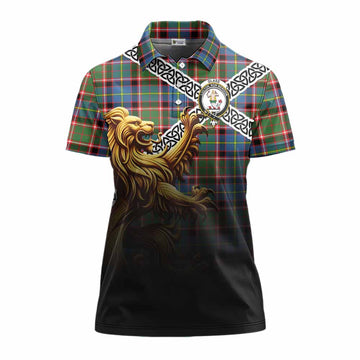 Glass Crest Tartan Women's Polo Shirt with Golden Lion Emblem Celtic Style Women - Tartan Vibes Clothing