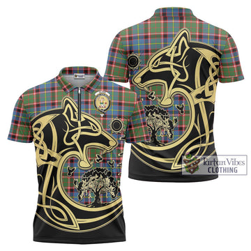 Glass Tartan Zipper Polo Shirt with Family Crest Celtic Wolf Style