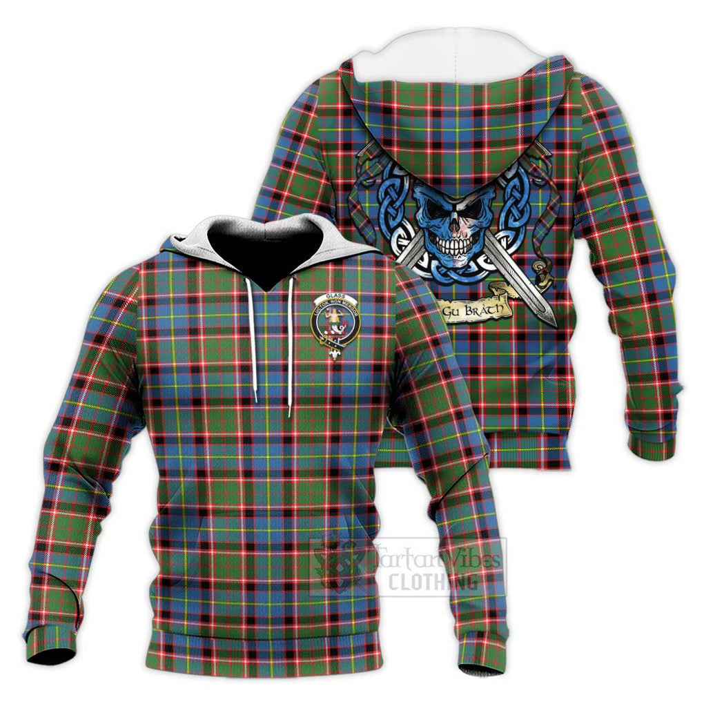 Tartan Vibes Clothing Glass Tartan Knitted Hoodie with Family Crest Celtic Skull Style