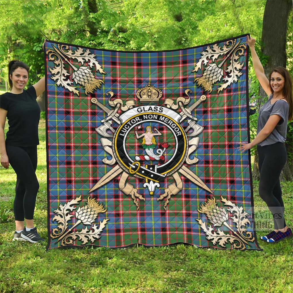 Tartan Vibes Clothing Glass Tartan Quilt with Family Crest and Scottish Golden Courage Shield