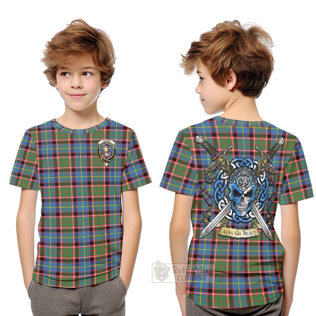 Tartan Vibes Clothing Glass Tartan Kid T-Shirt with Family Crest Celtic Skull Style