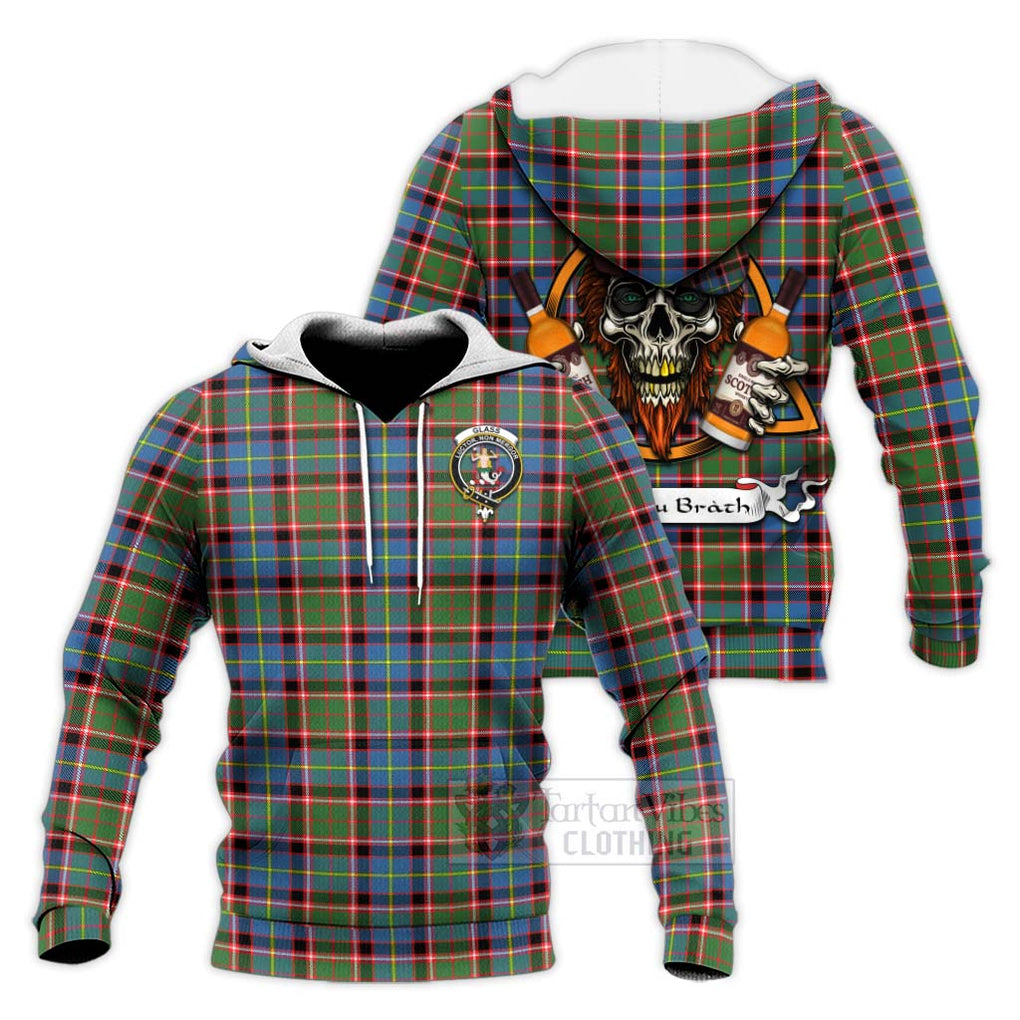 Tartan Vibes Clothing Glass Tartan Knitted Hoodie with Family Crest and Bearded Skull Holding Bottles of Whiskey