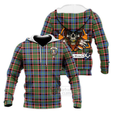 Glass Tartan Knitted Hoodie with Family Crest and Bearded Skull Holding Bottles of Whiskey