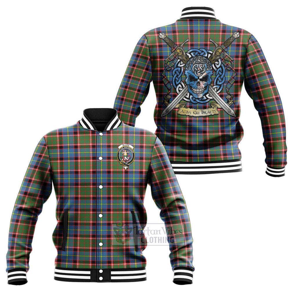 Tartan Vibes Clothing Glass Tartan Baseball Jacket with Family Crest Celtic Skull Style