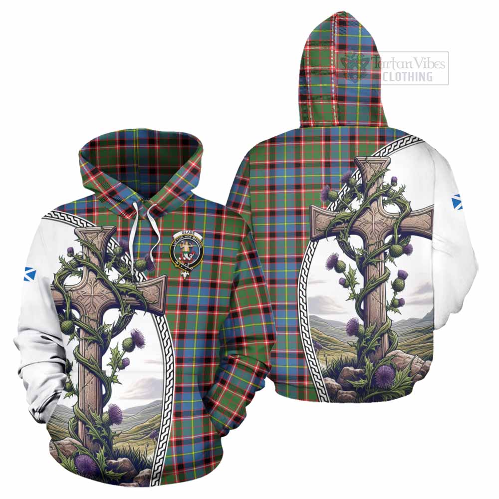 Tartan Vibes Clothing Glass Tartan Hoodie with Family Crest and St. Andrew's Cross Accented by Thistle Vines