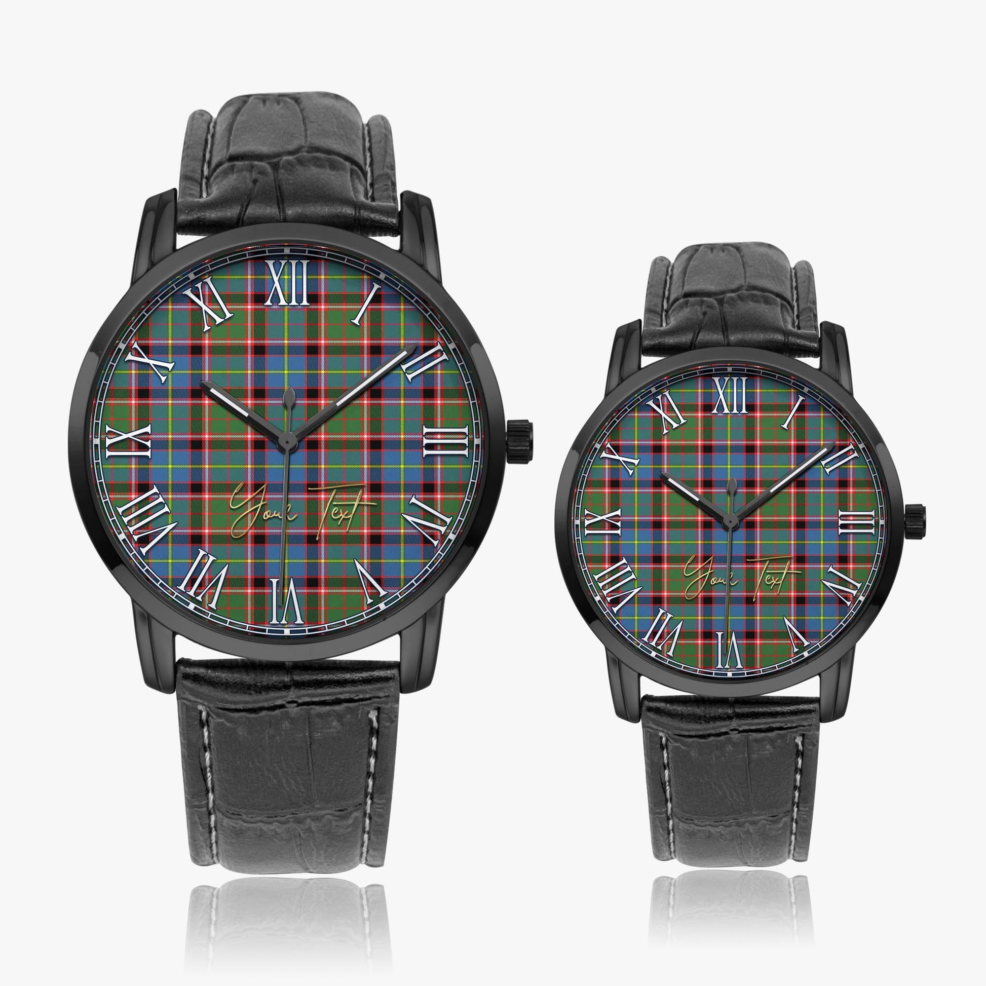 Glass Tartan Personalized Your Text Leather Trap Quartz Watch Wide Type Black Case With Black Leather Strap - Tartanvibesclothing