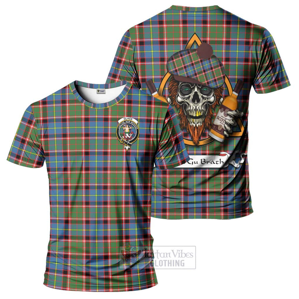 Tartan Vibes Clothing Glass Tartan T-Shirt with Family Crest and Bearded Skull Holding Bottles of Whiskey