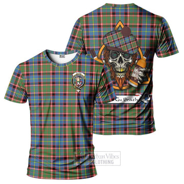 Glass Tartan T-Shirt with Family Crest and Bearded Skull Holding Bottles of Whiskey