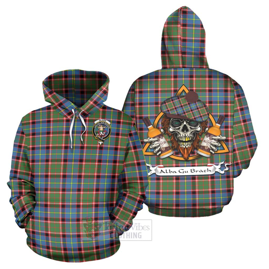 Tartan Vibes Clothing Glass Tartan Hoodie with Family Crest and Bearded Skull Holding Bottles of Whiskey